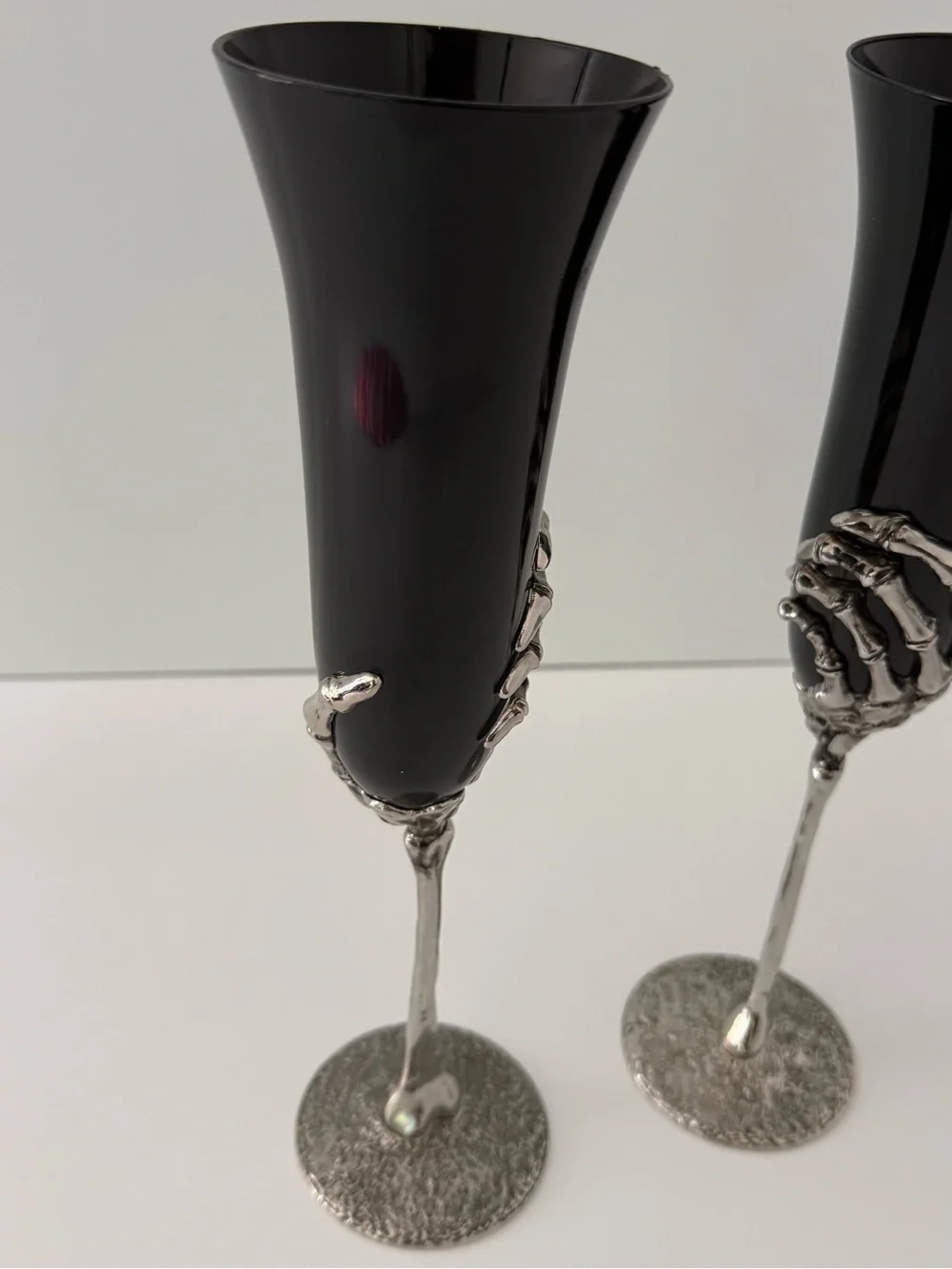 ⁠Gothic Black Glass Skeleton Hand Champagne Flutes Pair - Halloween Wedding Deco